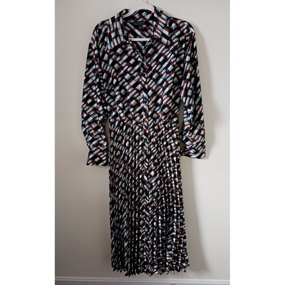 Eloquii Maxi Dress Pleated Geometric Button Front Belted Size 14 - Picture 1 of 11